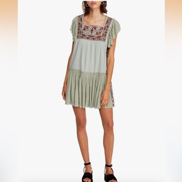 Free People Day Glow Embroidered Mini Dress Sz L Cottagecore Hippie Aztec Boho - Picture 4 of 13